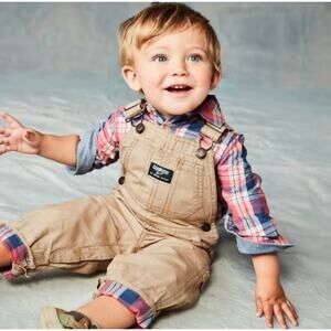 Oshkosh B'gosh Baby Boy’s Vestbak Khaki Denim Overalls Adjustable Straps Sz 18 M